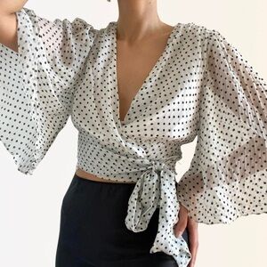Alice + Olivia | "Bray" polka dot white crop wrap blouse | Size XS